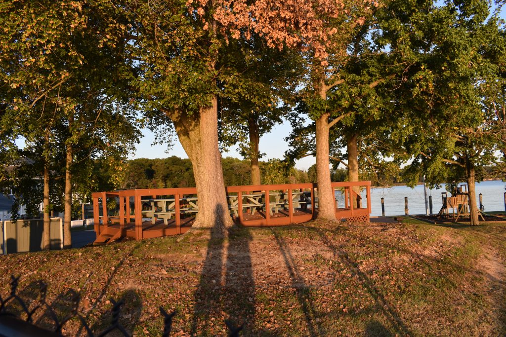 Picnic table on an enclosed platform at BBYH in early Fall