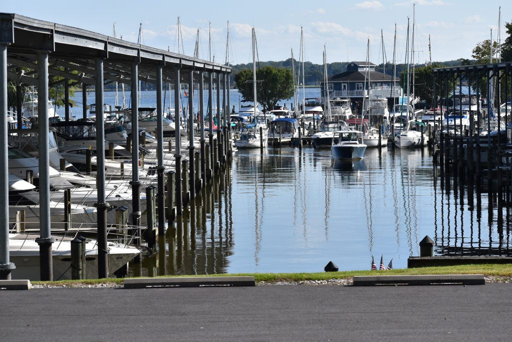 View of waterway between covered slips